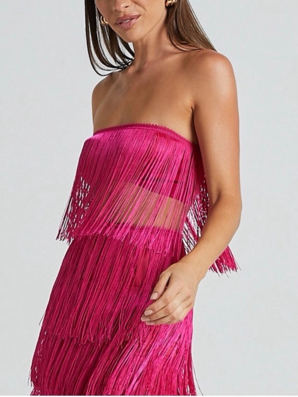 Showpo Amalee Fringe Strapless Crop Top in Pink Womens 2